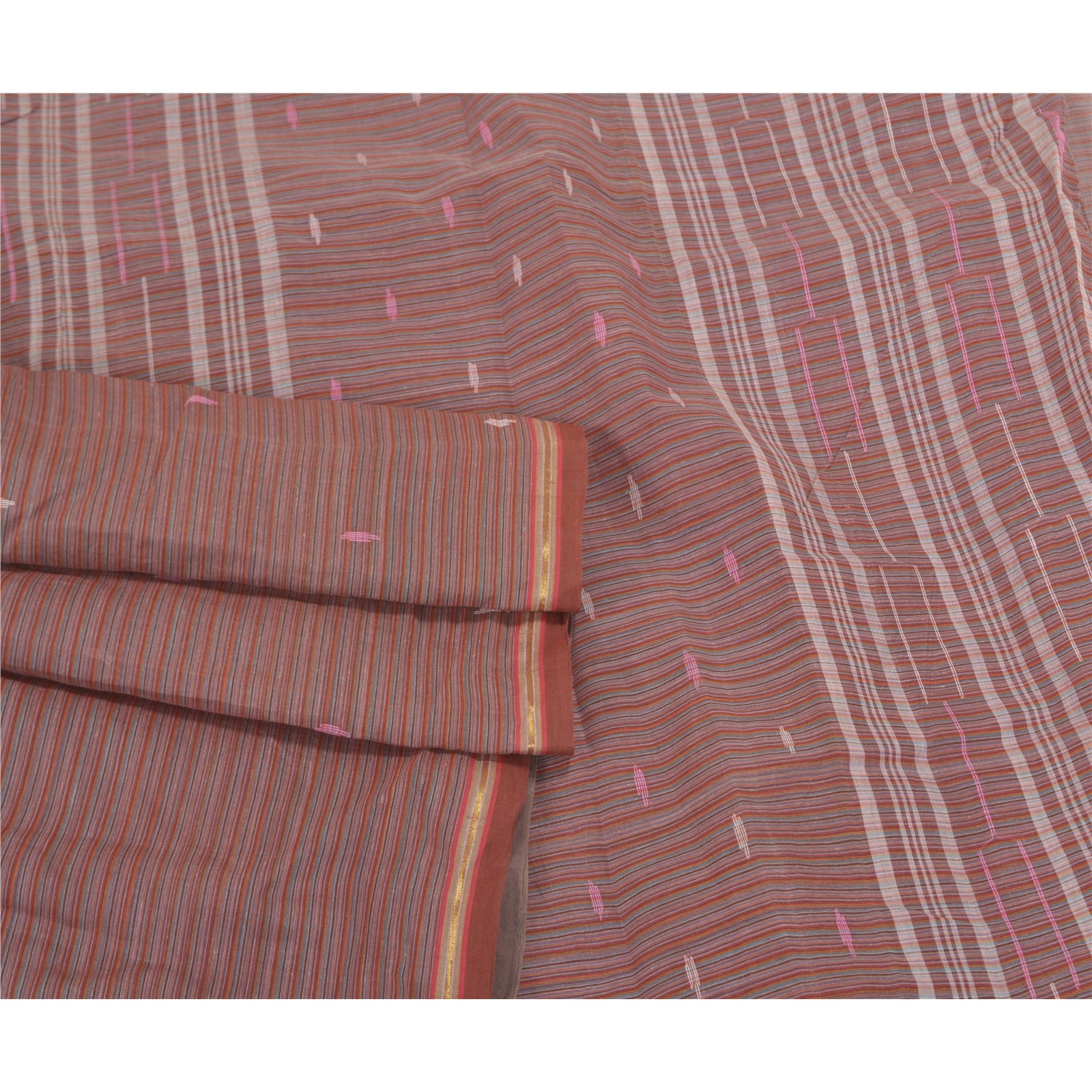 Sanskriti Vintage Indian Sarees Pure Cotton Hand-Woven Tant Sari 5 Yard Fabric