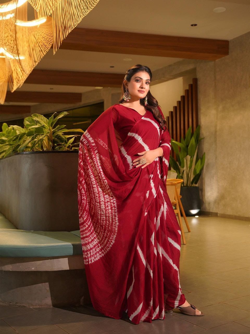 Handmade Shibori Leheriya Saree Pure Chinoon Sari Traditional Ethnic Wear