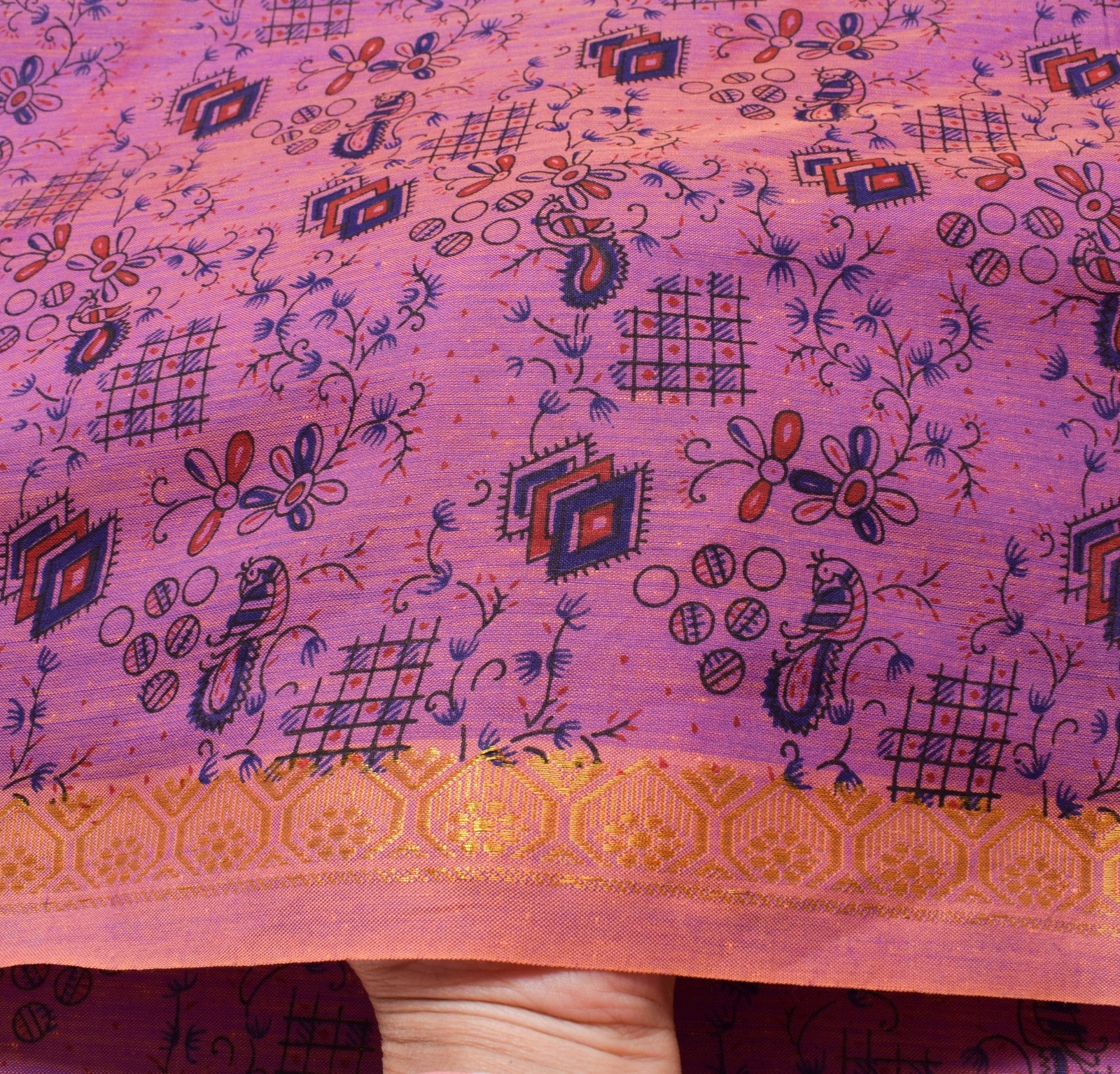 Sushila Vintage Pink Purple Dual Tone Saree 100% Pure Cotton Printed Sari Fabric