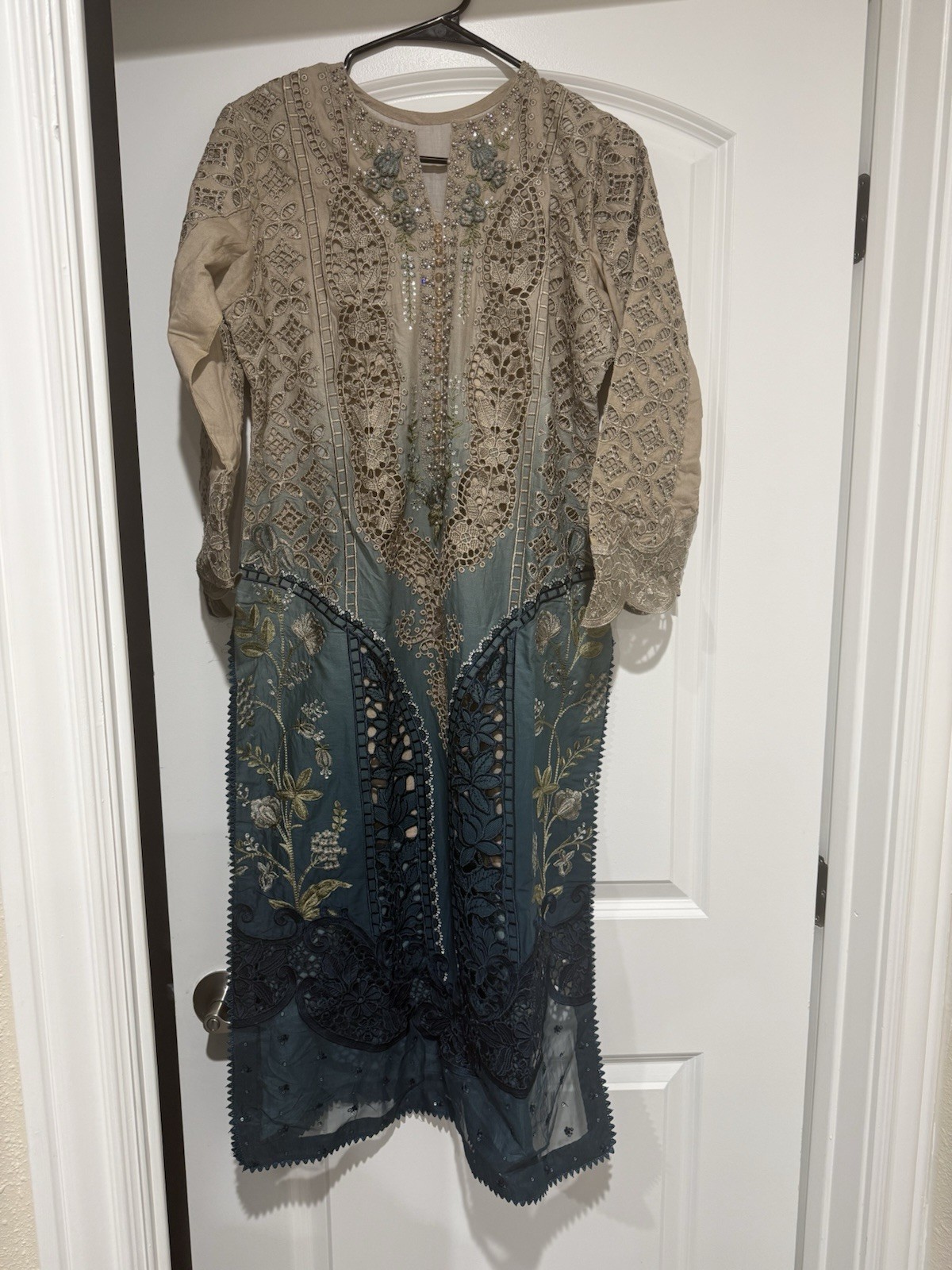 Maria.B Beige Blue Embroidered Net Cotton Pakistani Salwar Kameez for Women