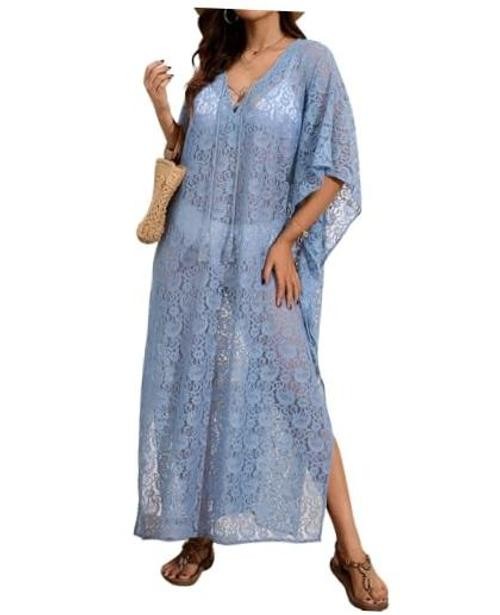 Kaftan Dresses for Women 2026 Lace Crochet Swimsuit Cover Up V Neck Grey-blue