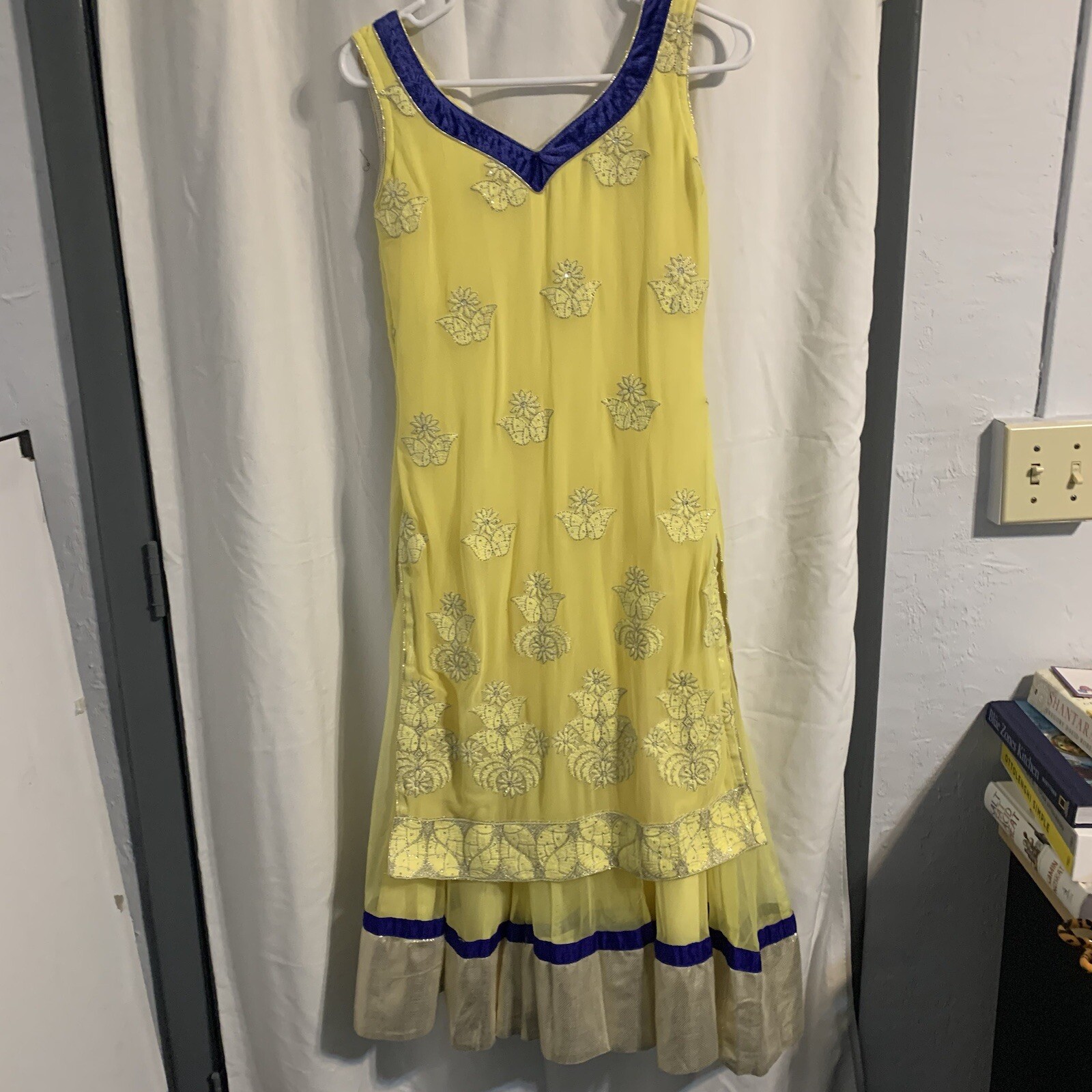 Yellow Anarkali / Churidar/ Salwar Kameez Top with Floral print and blue detail.