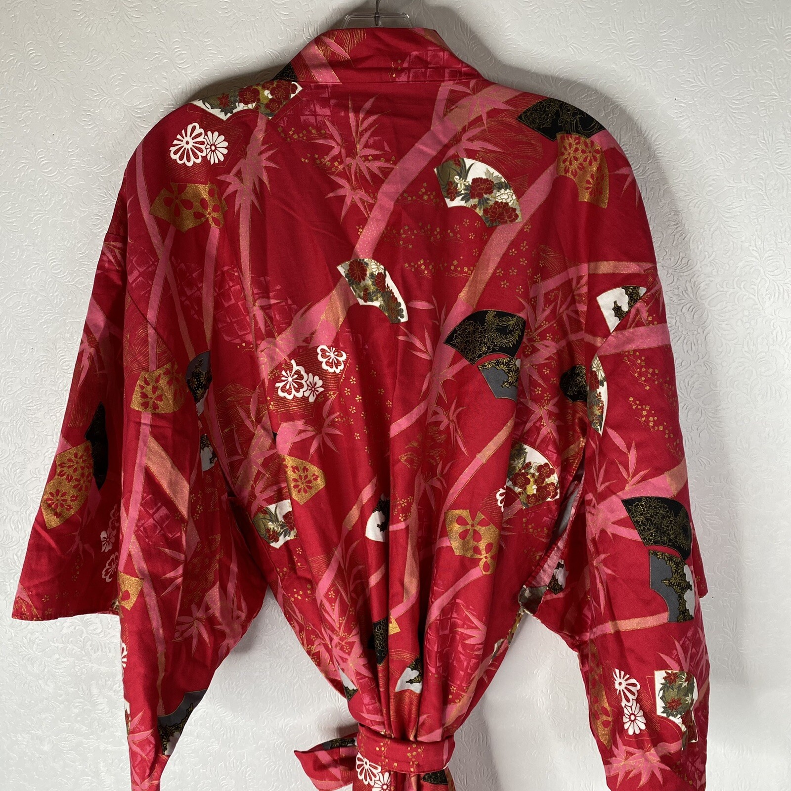 Kimono Yukata Long Red and Pink Cotton Made in Japan Folding Hand Fans & Bamboo