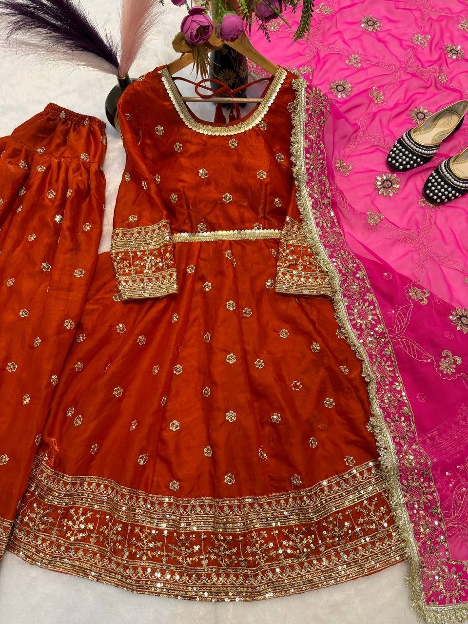 Designer Orange Silk Salwar Kameez With Faux Georgette Dupatta For Women