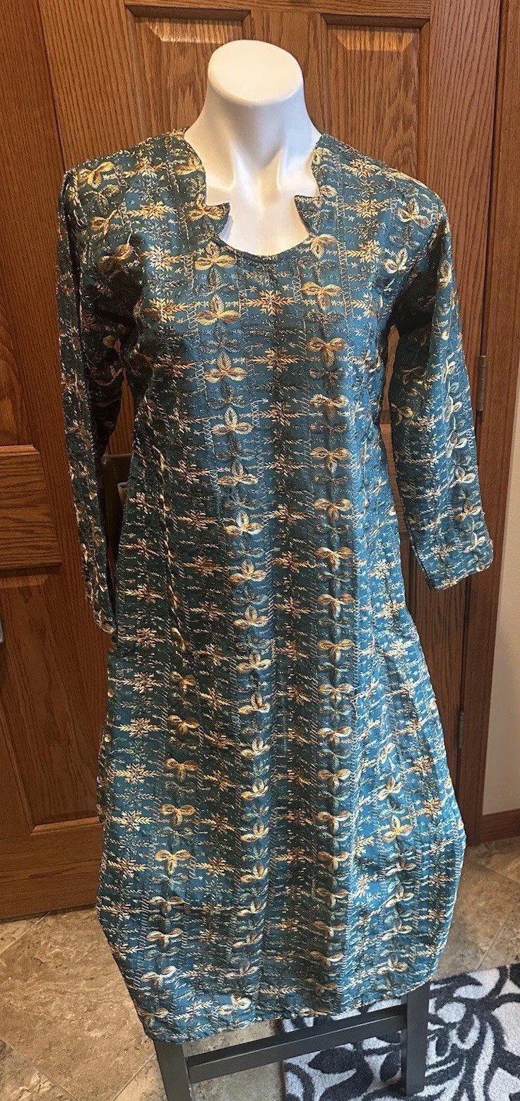 Vintage Pakistan Kurta Brocade Dark Teal Green Stitching Sz M/L Kurtis