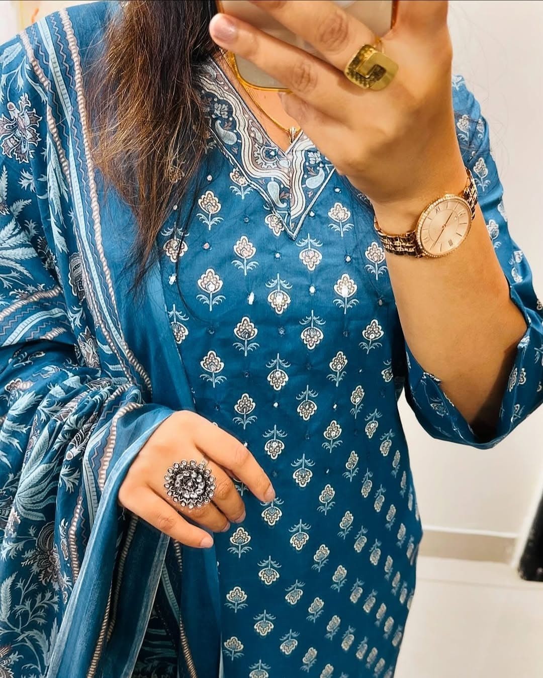Women’s Blue Printed Kurta Pant Dupatta Set Indian Ethnic Suit