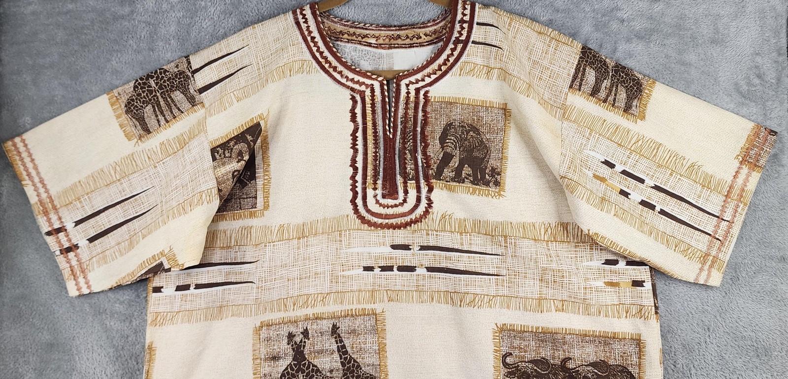 Mens Shirt 3XL Beige Brown Embroidered Animals African Safari Tunic Dashiki Top