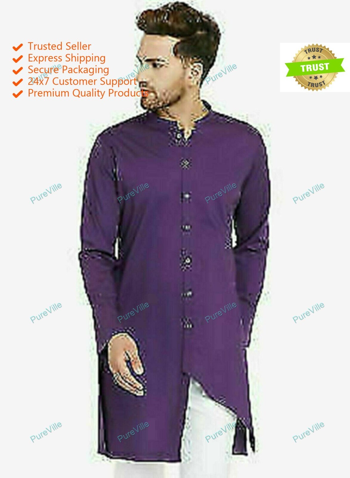 Traditional Designer Mens Kurta Indian Kurtis Size Large Long Tunic Shirt