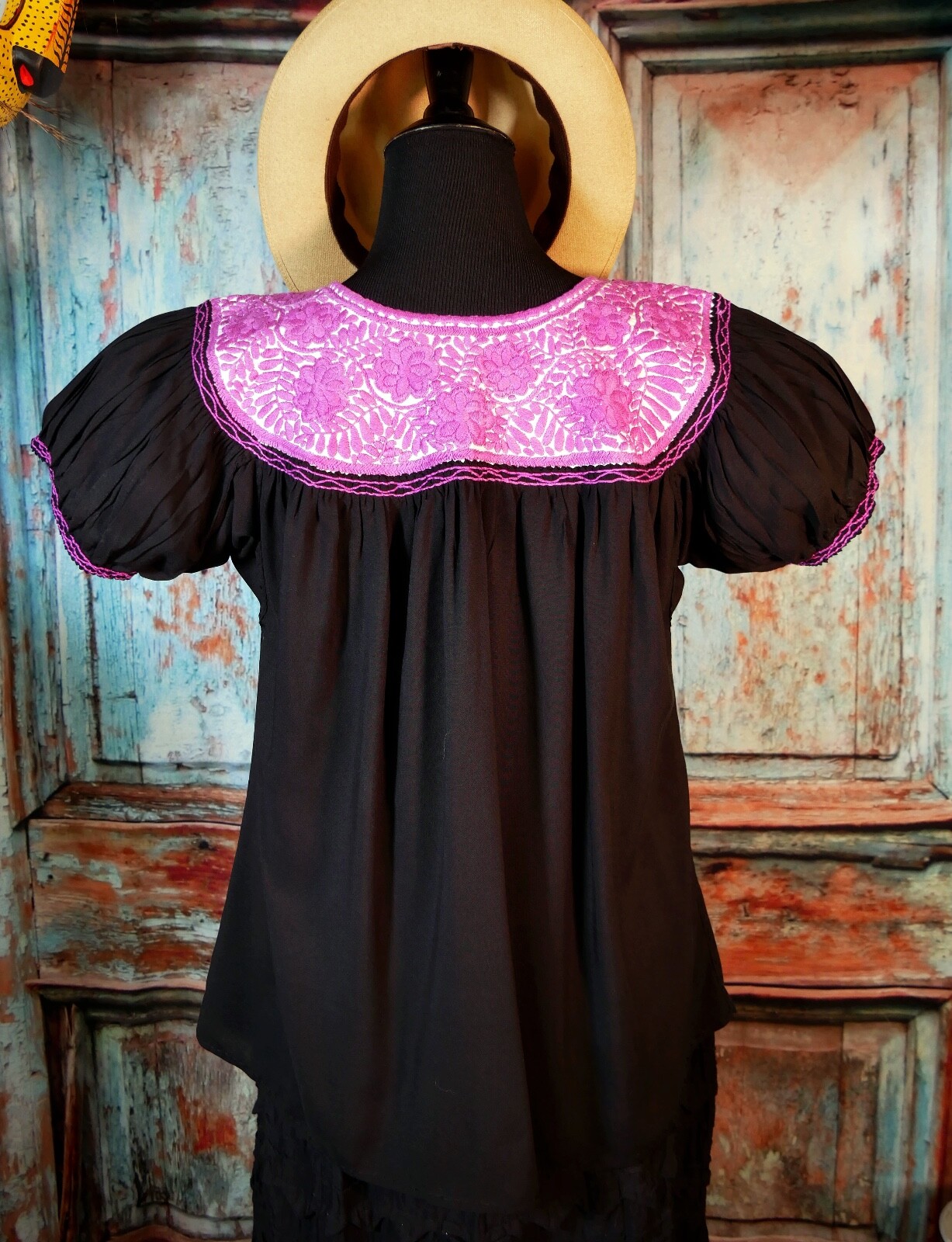 Peasant Blouse Hand Embroidered Pink Flowers & Black Fabric Mayan Chiapas Mexico