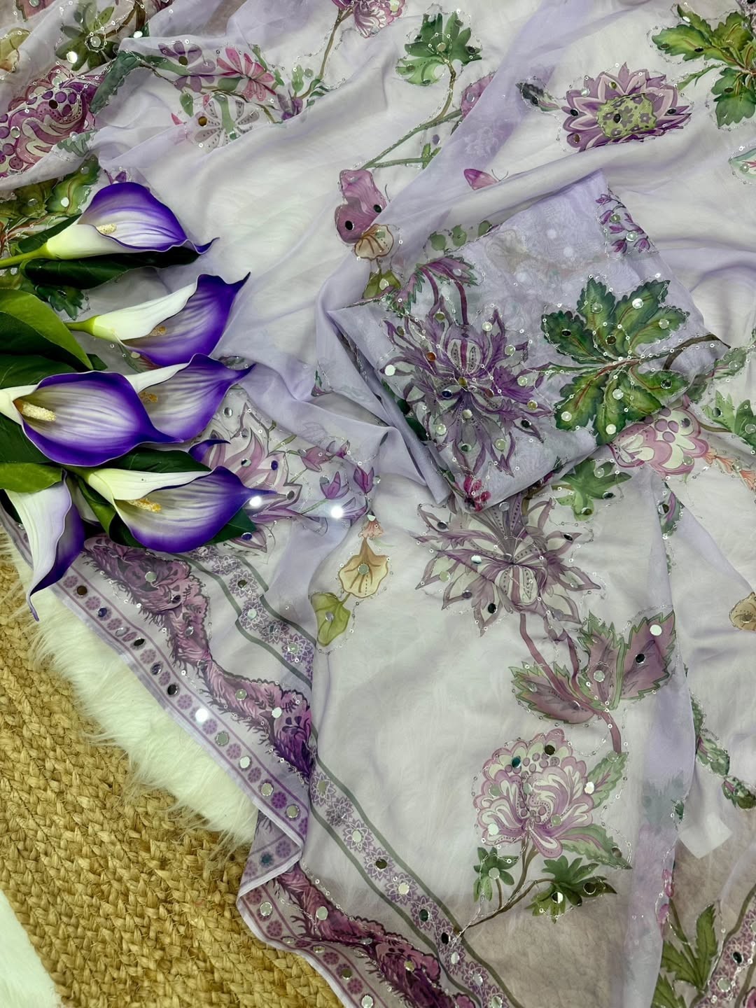 digital print sequence embroidery original mirror work soft silk saree & blouse