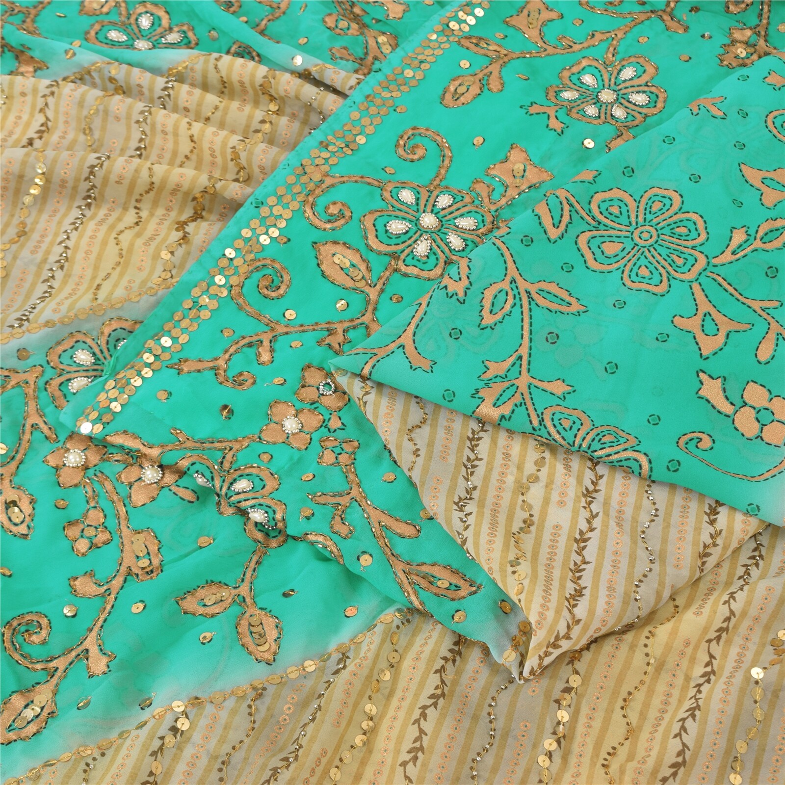 Sanskriti Vintage Green/Cream Sarees Georgette Hand Beaded Sari 6Yd Craft Fabric