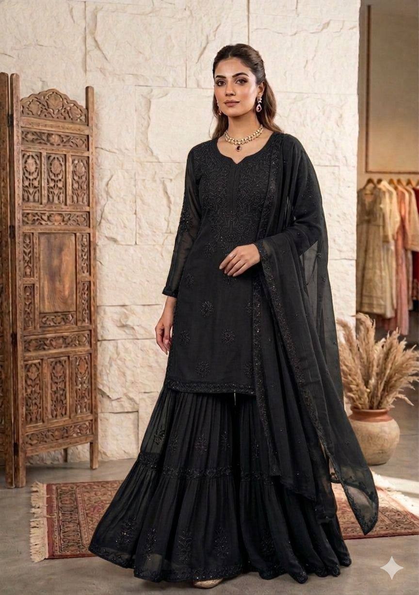 Indian Pakistani Black Kurta Sharara Set Women Embroidered Party Wear Dupatta