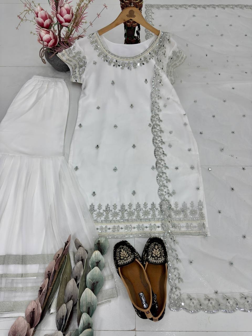 Exclusive White Heavy Faux Georgette Top Palazzo And Dupatta For Function Wear