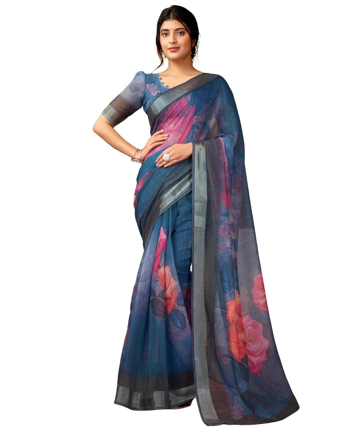 Women’s Cotton Linen Printed 1 Minute Ready to Wear Saree With Blouse Piece