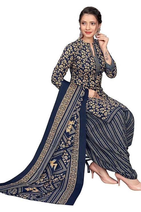 Navy Blue Cotton Blend Printed Ready to Wear Patiala Salwar Suit