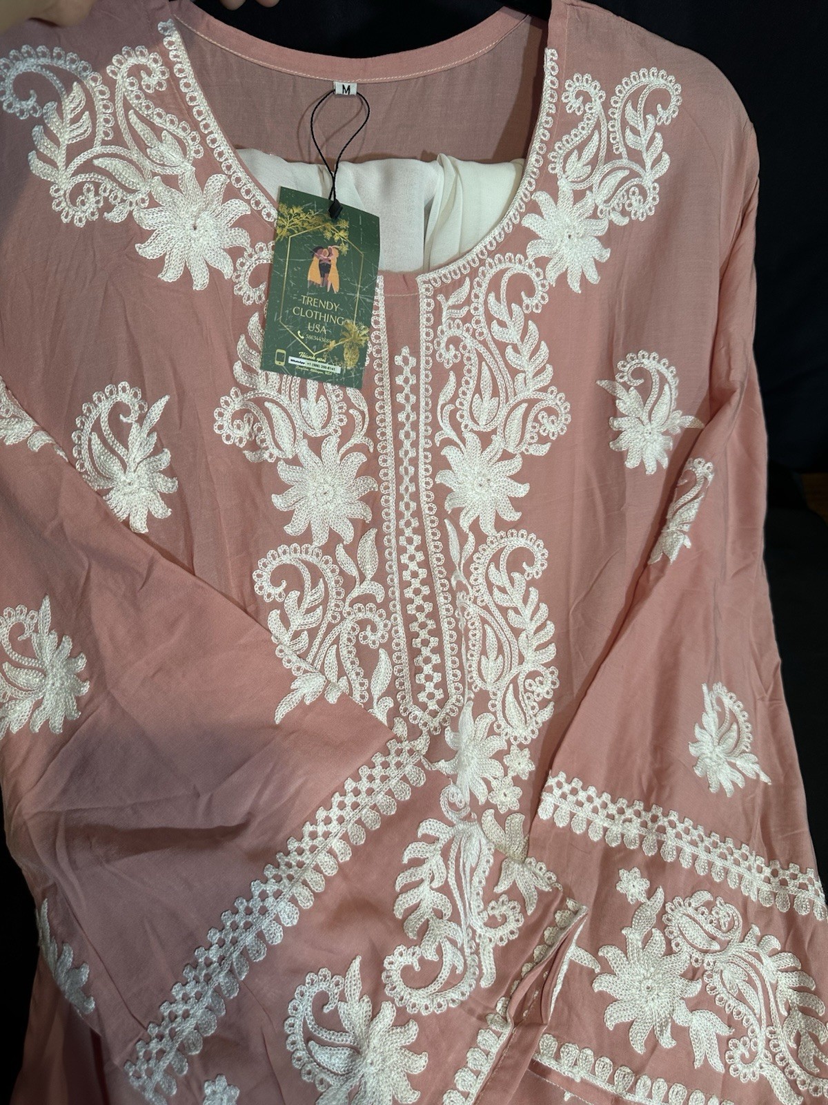 Beautiful soft linen Front & back emb-3 pc suit-emb plazo, laced dupatta-$40