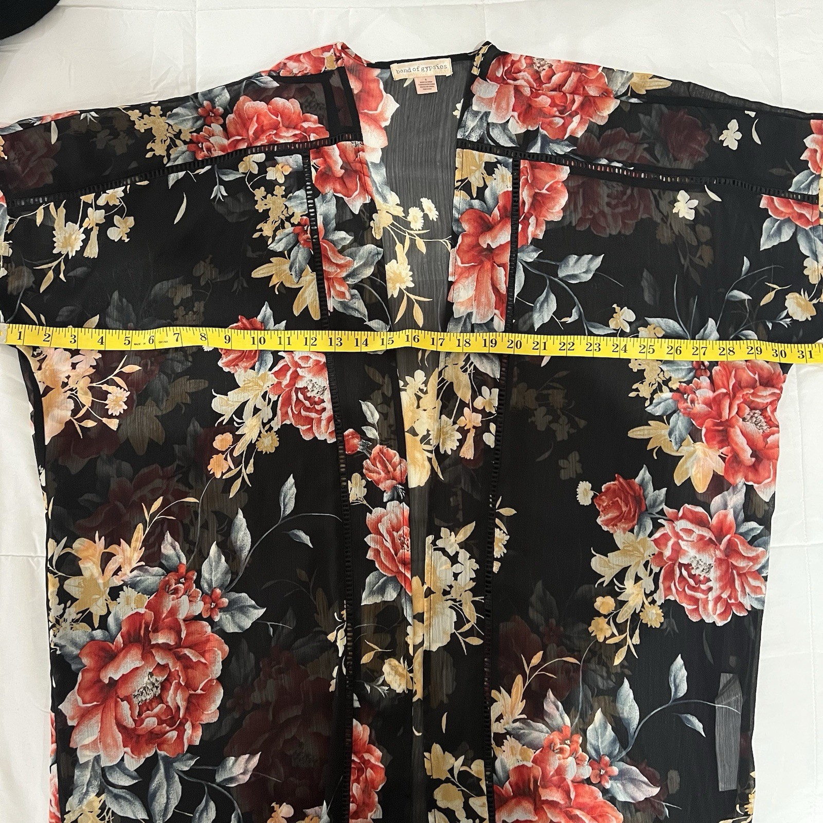 Band Of Gypsies Sheet Kimono Oversized Size Small Black Floral Print Boho Q6
