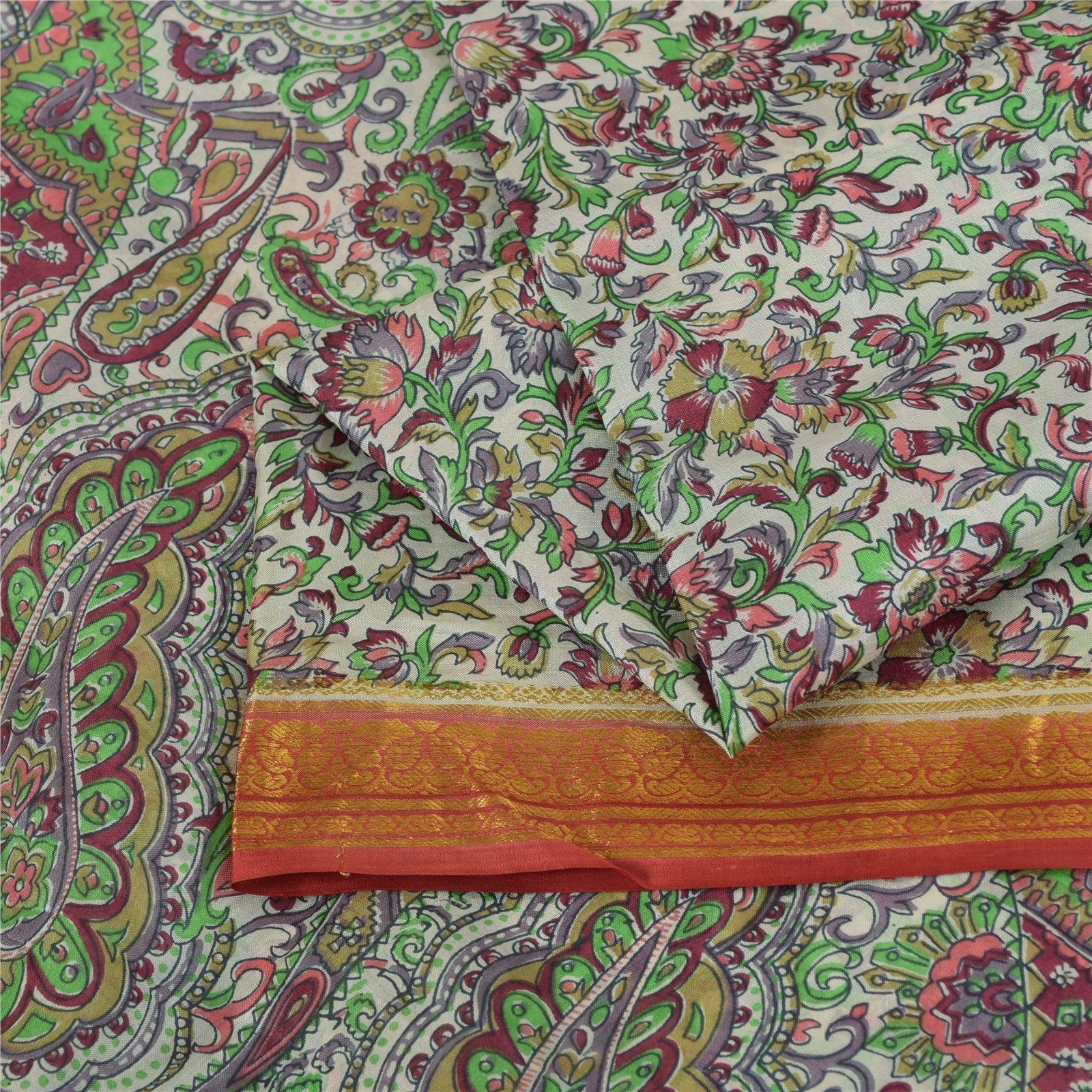 Sanskriti Vintage Sarees Ivory 100% Pure Silk Printed Sari 6Yd Craft Fabric