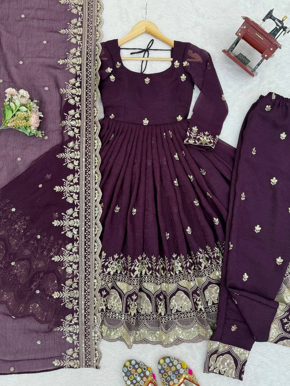 Stunning Heavy Crunchy Silk Purple Gown Bottom With Dupatta For Women & Girls