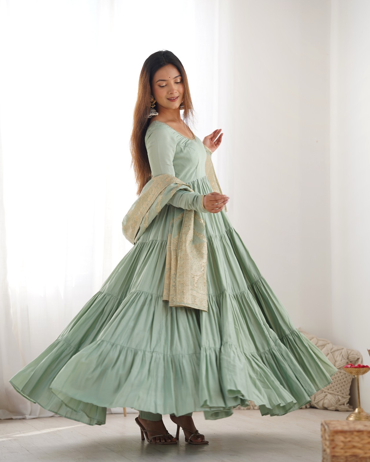 Women Pistachio Green Roman Silk Anarkali Suit Set Banarasi Dupatta Party Wear