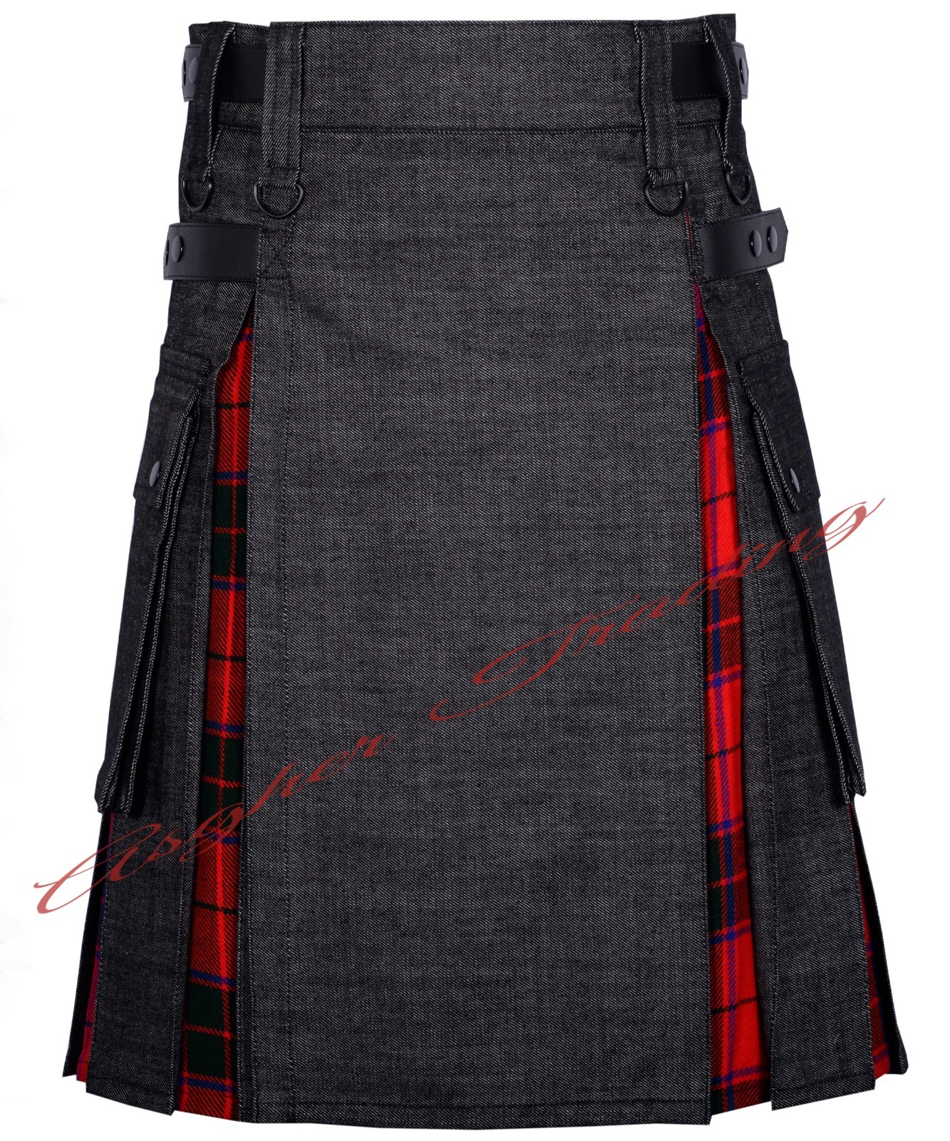 Handmade Scottish Black Denim & Rose Tartan Hybrid Utility Kilt Made to Order