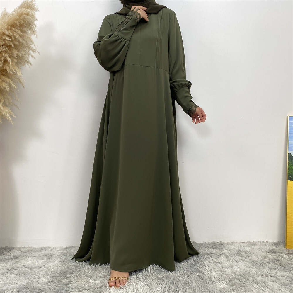 Women Loose Robe Muslim Dress Kaftan Solid Color Lace Sleeve Abaya Simple Burqa