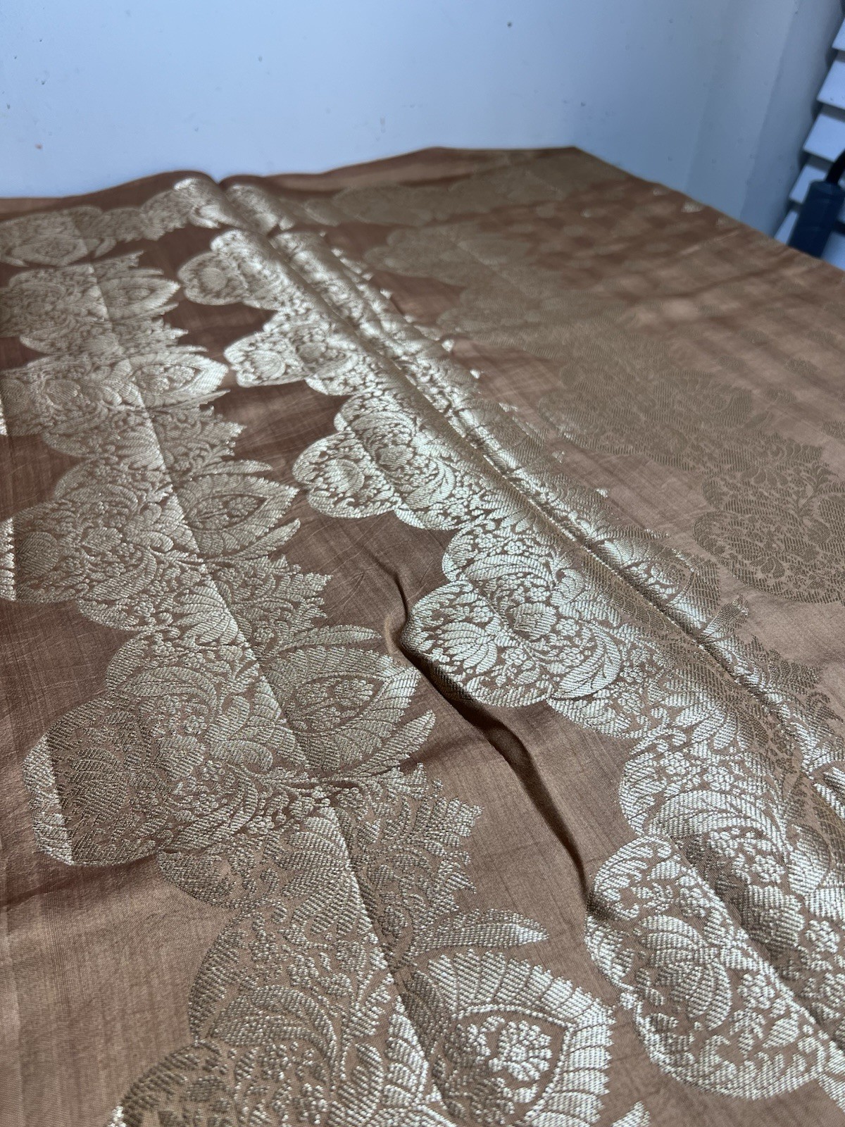 New Women Pure Banarasi Dhupion Silk Blend Banarasi Brown Gold Tassel Saree