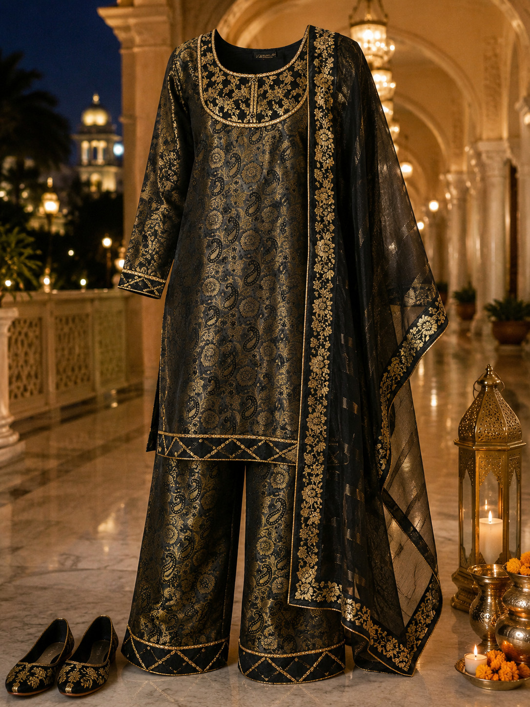JIKHAWA Black Gold 3 Pc Salwar Kameez Suit Set Large Brocade Dupatta Formal