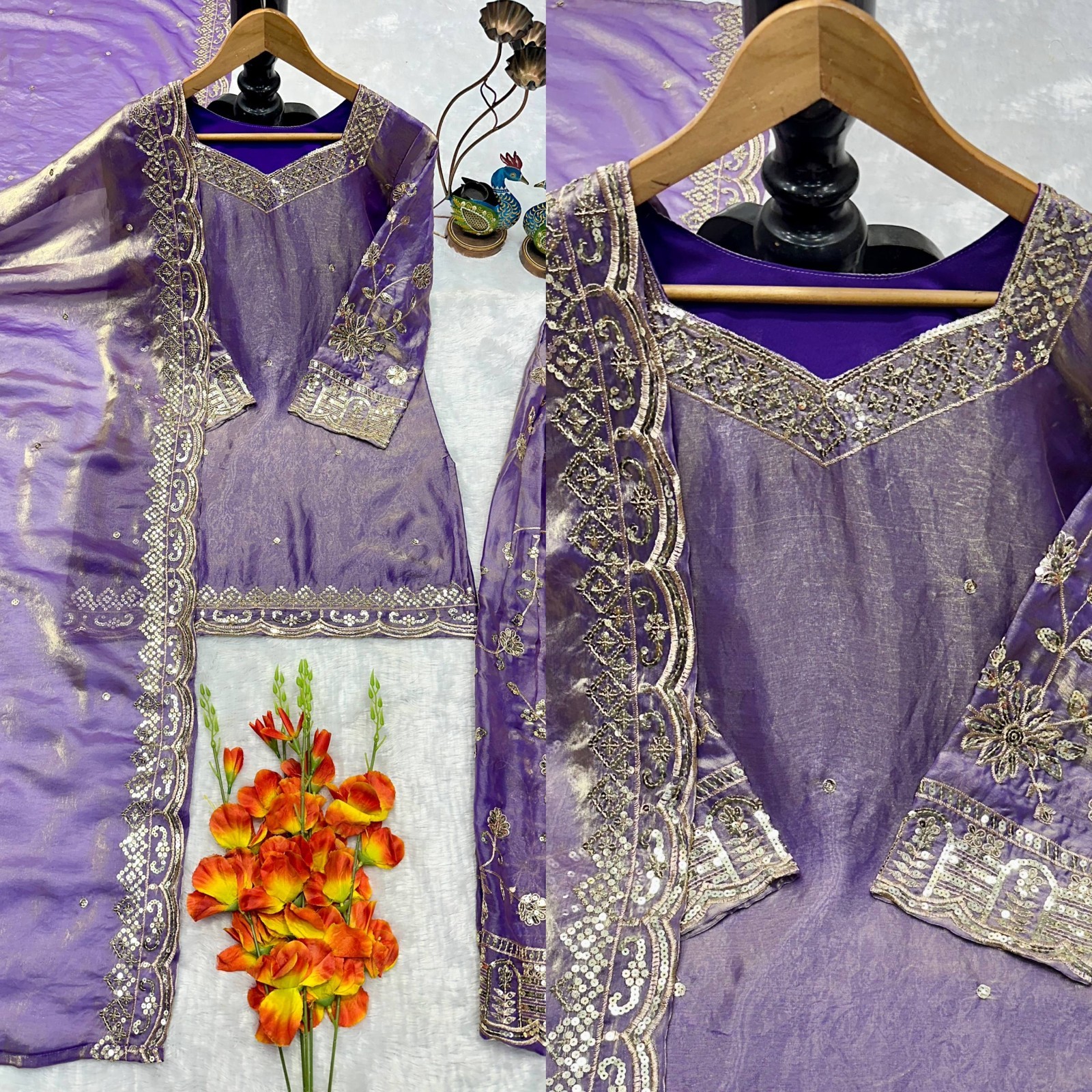 New Latest Heavy Pure Silk Purple Top Palazzo With Dupatta For Reception Wear