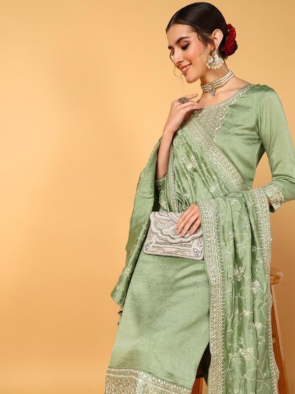Women’s Silk Blend Yoke Design Embroidered Straight Kurta Pant With Dupatta