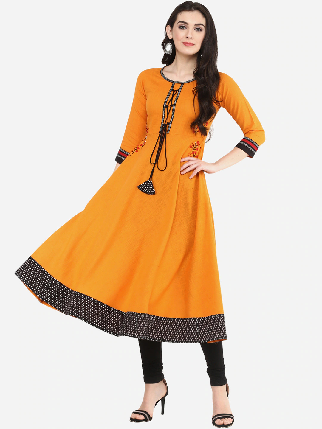 Women’s Embroidered Mustard Cotton Slub Anarkali Kurta, 3/4th Sleeves