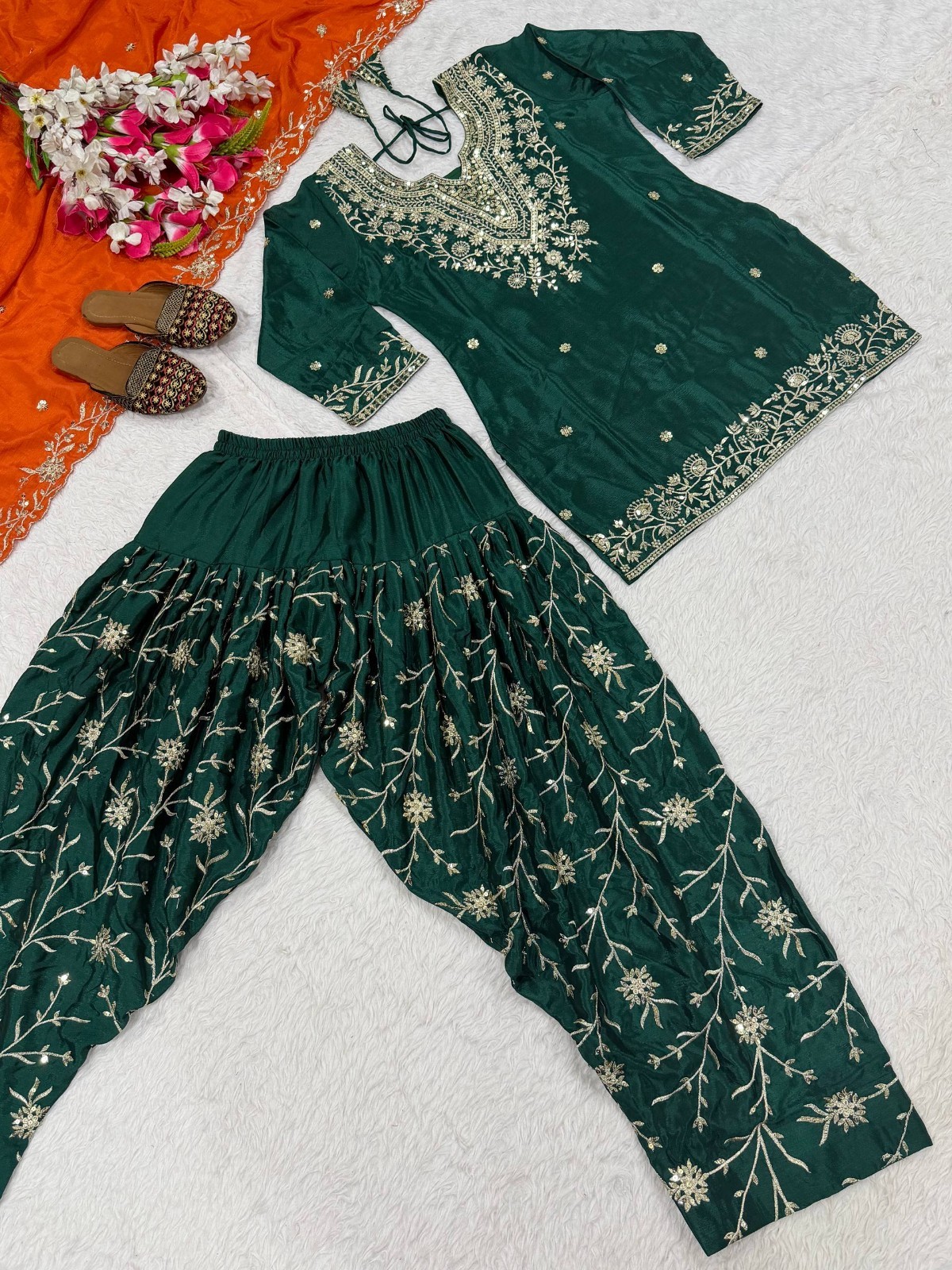 Party Wear Green Heavy Chinon Top Dhoti With Dupatta For Festival Wear