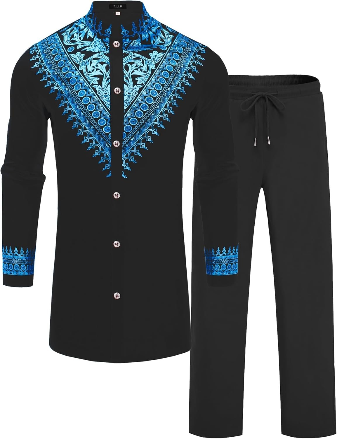 Mens African 2 Piece Set Metallic Traditional Suit Gold Stamp Printed African
