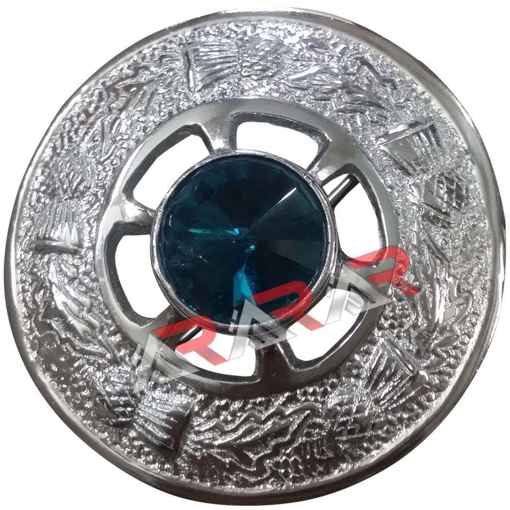 Ladies Brooch Highland Scottish Brand AAR Kilt Fly Plaid Sea Green Stone Size 2″