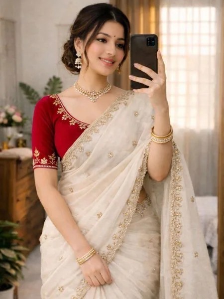 Royal Chinon Fabric Saree Elegant Handwork Cream Color With Blouse 6.3 Meter