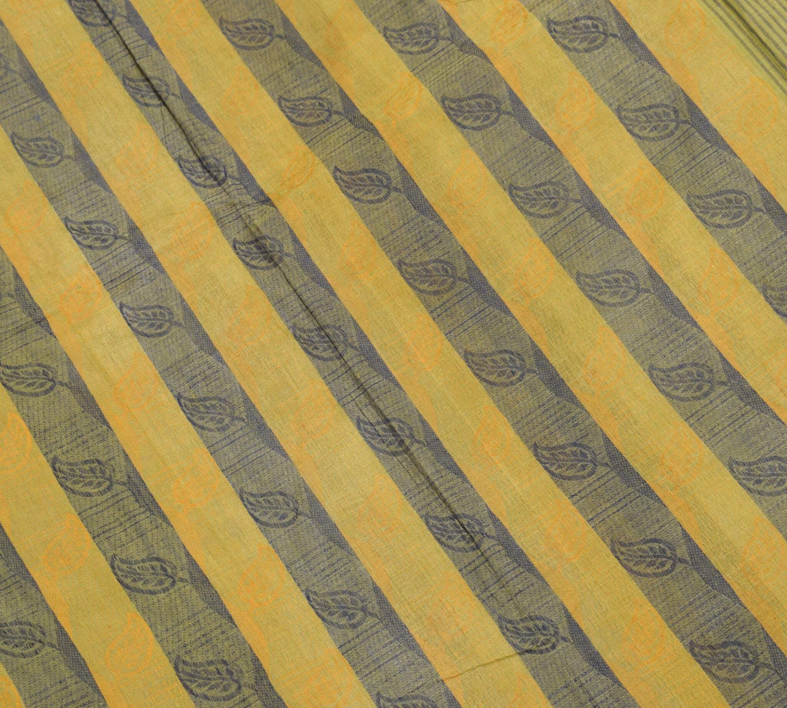 Sushila Vintage Pure Handloom Cotton Saree Yellow Blue Leaves Woven Sari Fabric