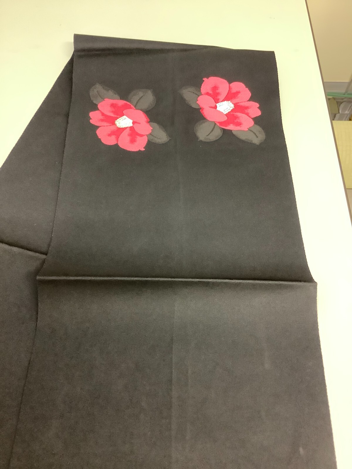 Japanese Vintage Kimono Nagoya Obi silk black embroidery flower 137.7×12.2in