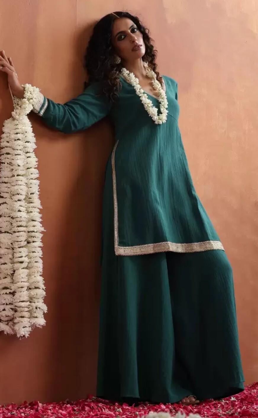 Indian Sharara Set ;Teal Green gold tonned Gotta Patti Cotton Kurta with Sharara
