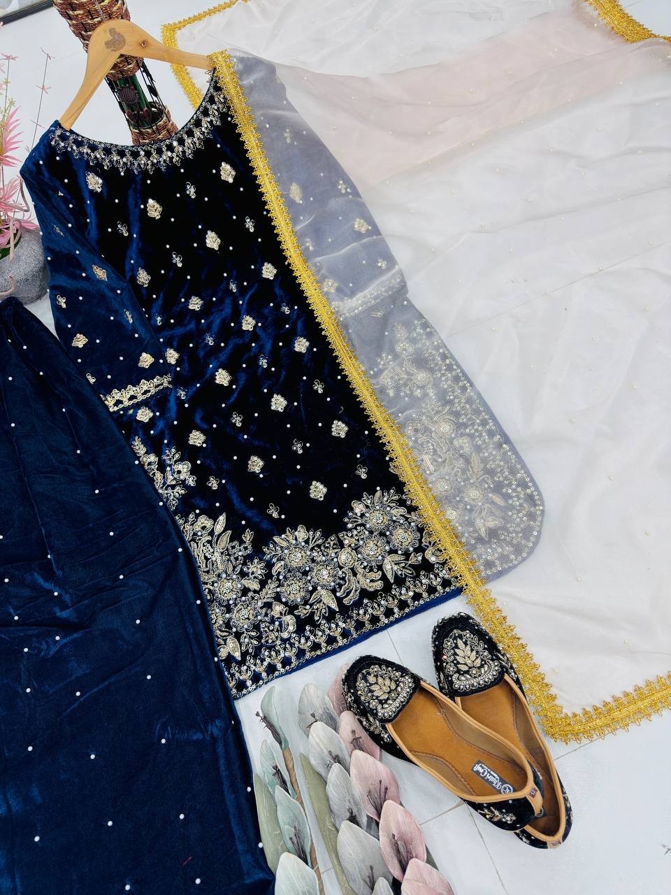 Fancy Designer Blue Viscose Velvet Kurta Palazzo With Dupatta For Women