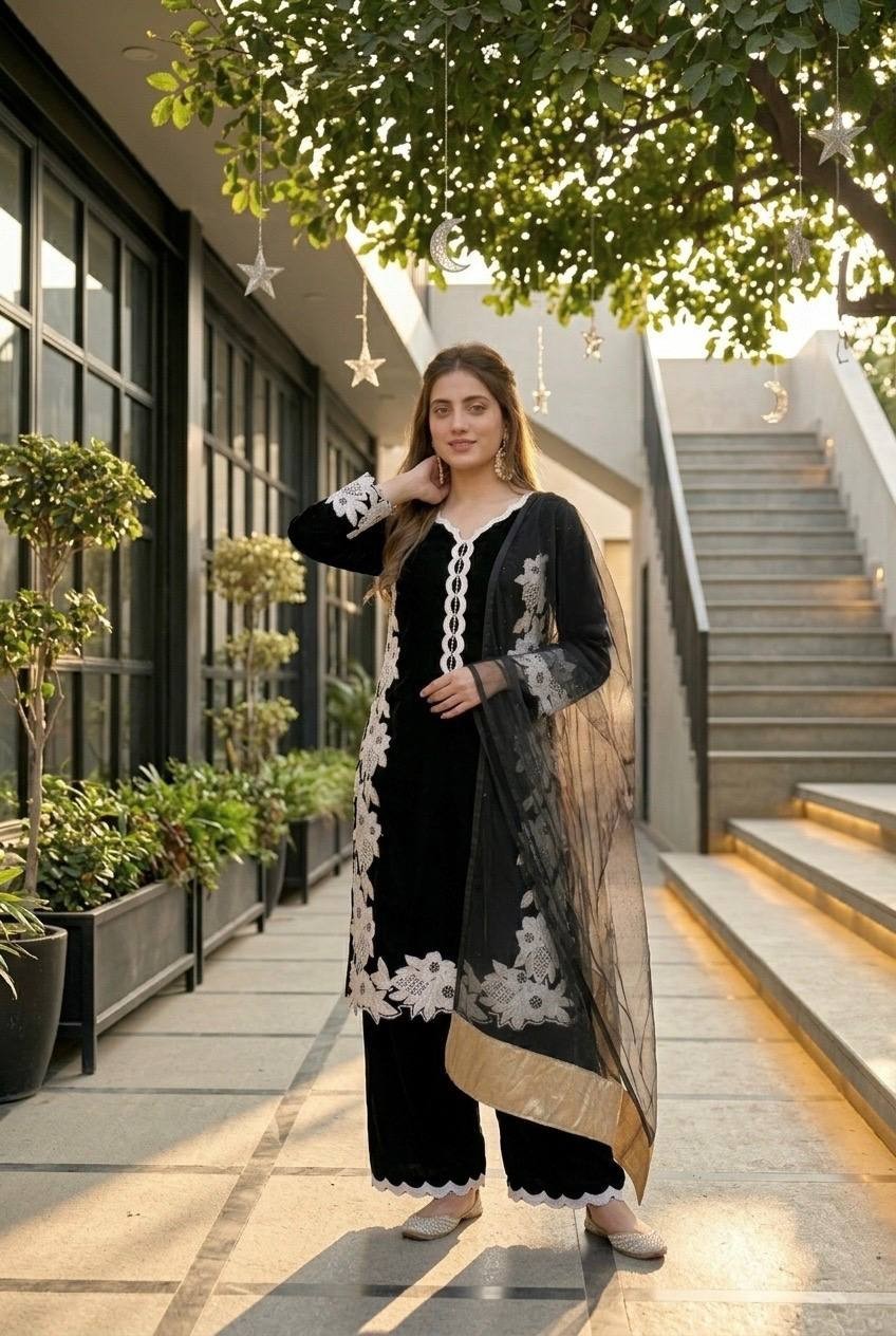 Latest Natural Silk Black Palazzo Suit With Dupatta For Indian Party Wear