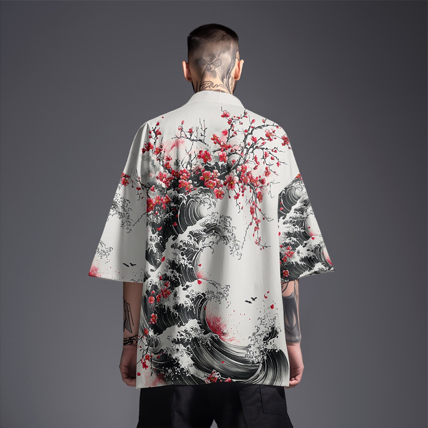 Niepce Men’s Japanese Graphic Lightweight Blossom Waves Kimono Cardigan Shirt