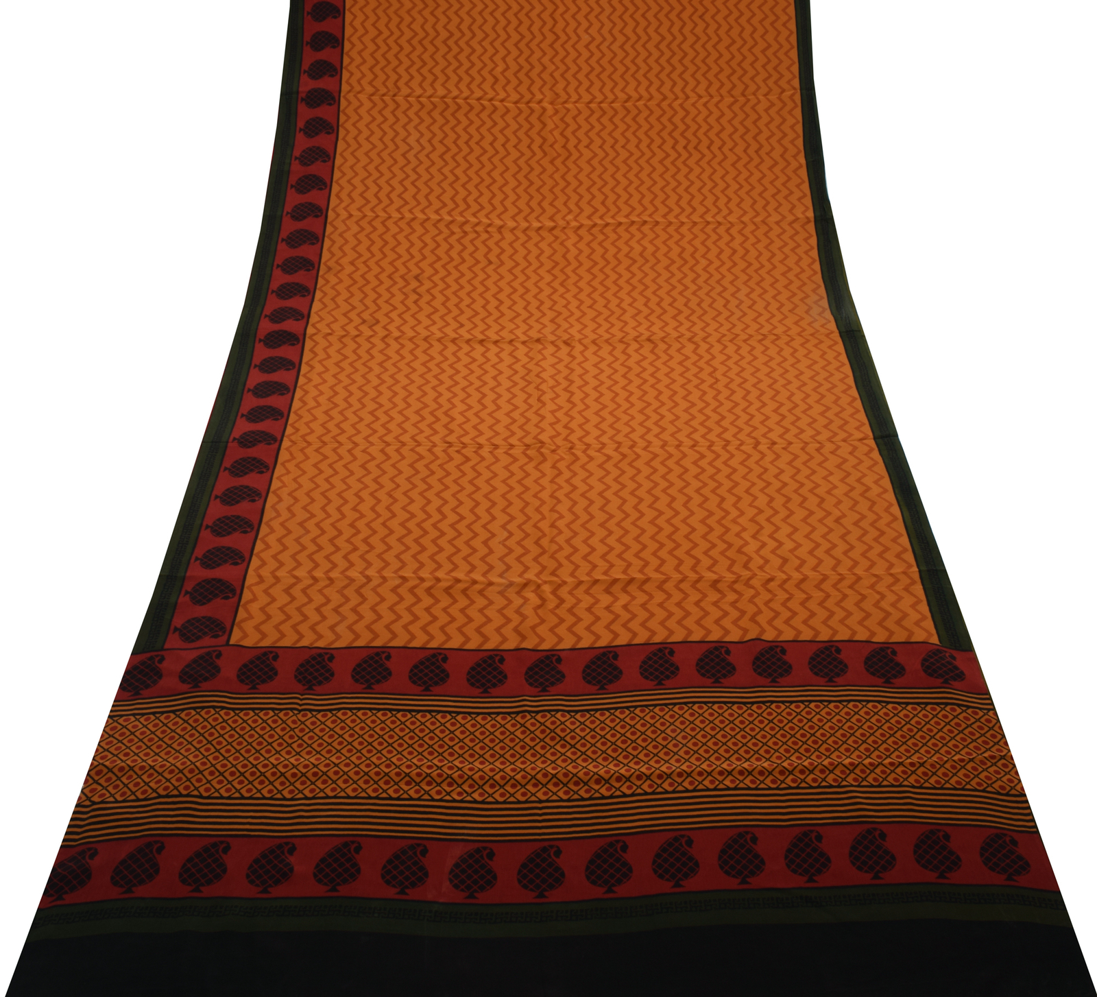 Sushila Vintage Mustard Saree 100% Pure Crepe Silk Printed Zig-Zag Soft Fabric
