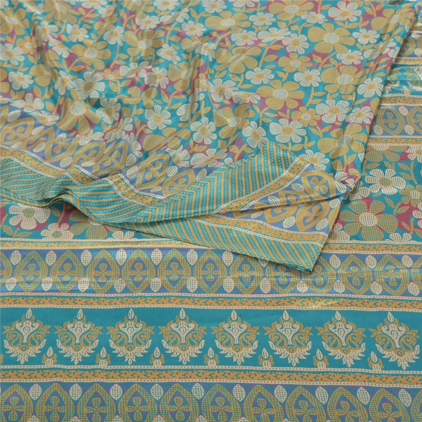 Sanskriti Vintage Green Sarees Moss Crepe Printed Sari Floral 5 Yd Craft Fabric