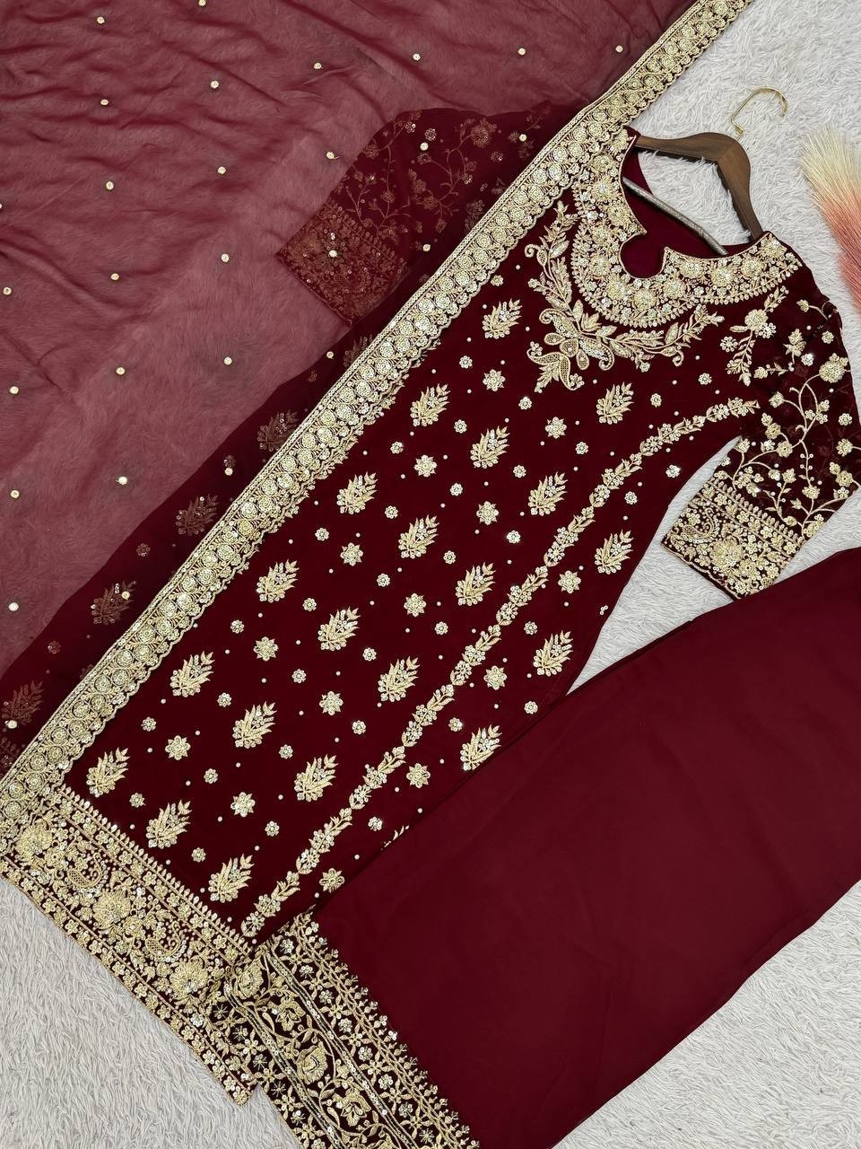 Fancy Designer Faux Georgette Maroon Top Palazzo With Dupatta For Festival Wear