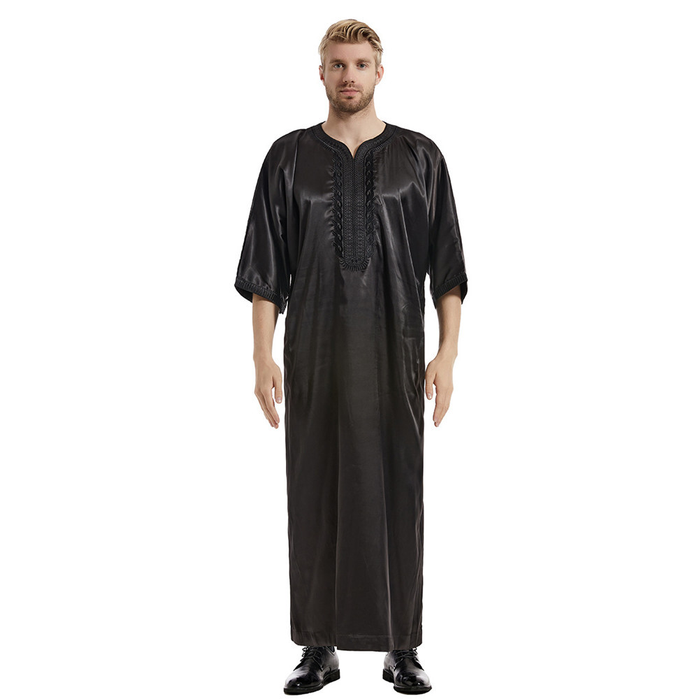 Muslim Islamic Men Thobe Satin Embroidery Kaftan Maxi Dress Saudi Jilbab Abaya