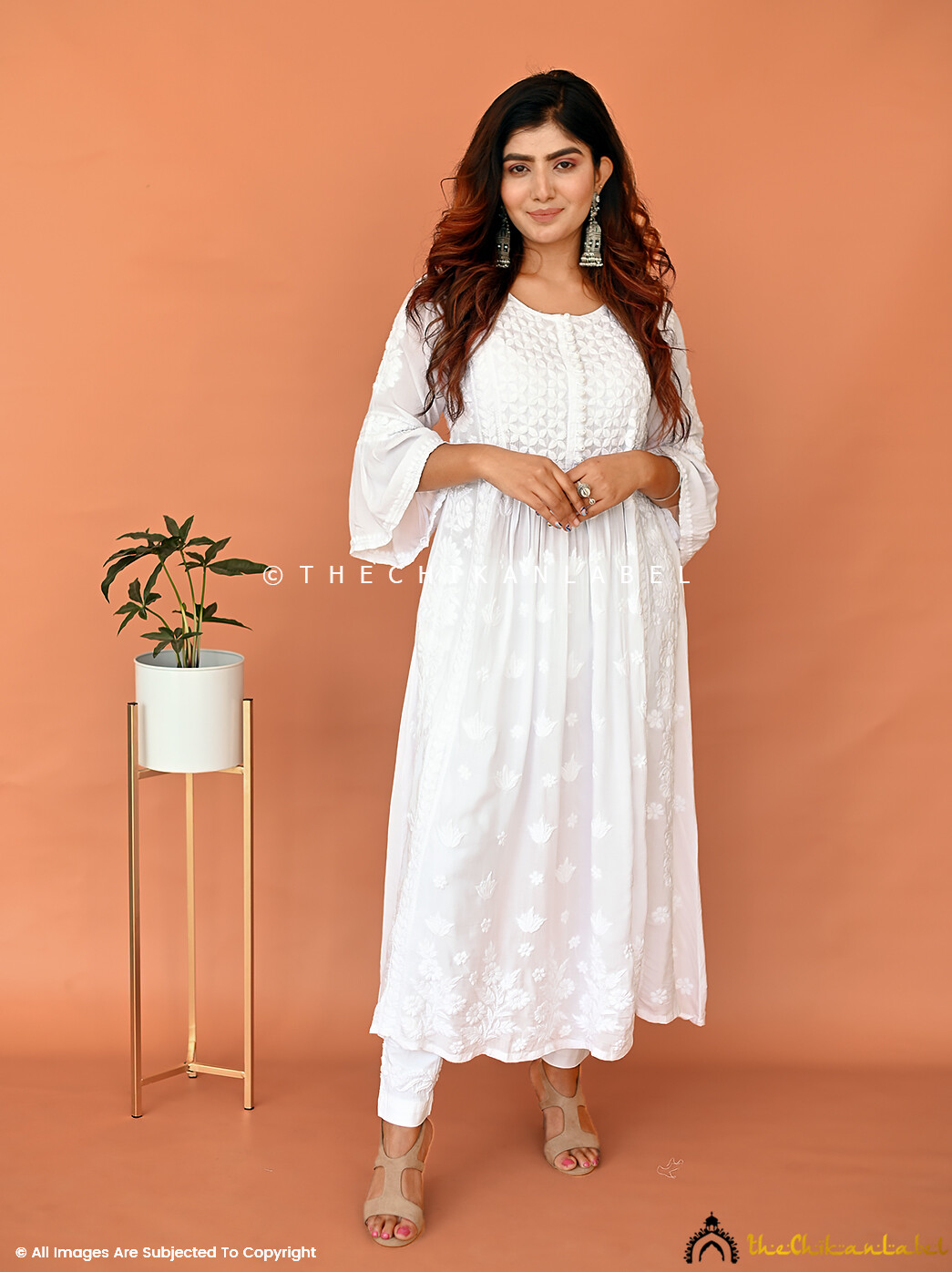 White Falak Modal Chikankari Anarkali Lucknow Chikan Handmade Frock