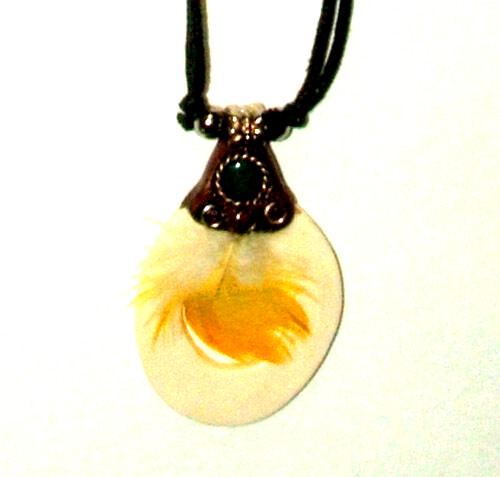Bone Pendant Necklace w/ Feather 24″ adjustable slide cord New YELLOW feather