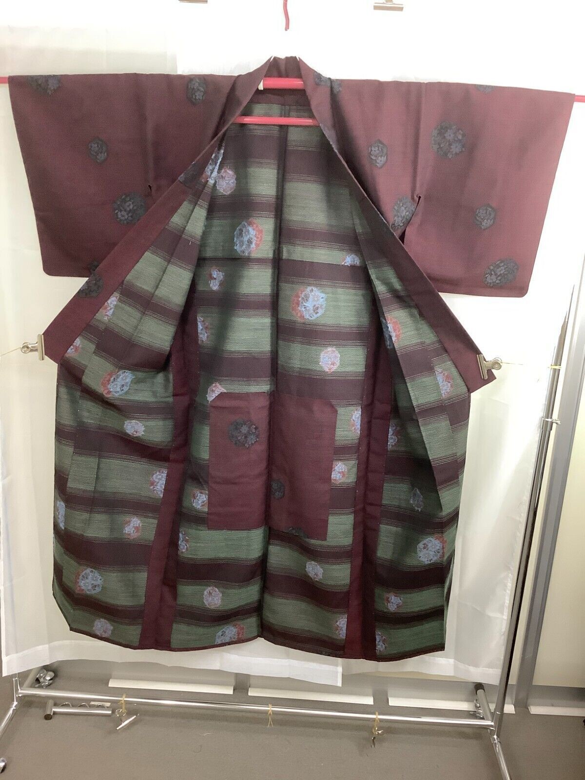 Japanese Vintage Kimono Silk Fabric Wine Red Oshima Expensive Flower 151cm