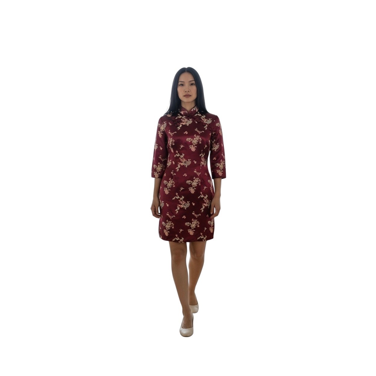 Vintage Floral Cheongsam Dress Mandarin Collar Asian Style Burgundy Size 6