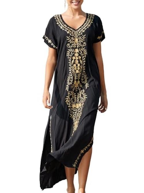 Women Kaftan V Neck Casual Bathing Suit Kimono Sleeve Side One Size Black 03